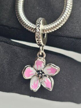 Sterling Silver 925 Rhodium Plated CZ Dangling Cherry Blossom Charm